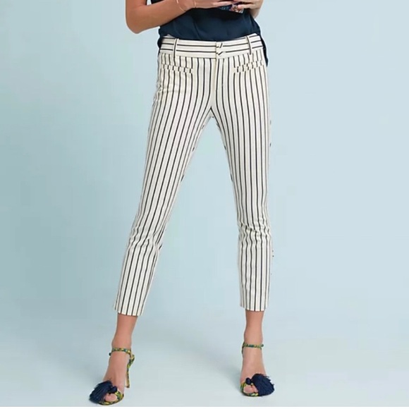 ANTHROPOLOGIE Essential Slim Pants Striped Ankle Crop Trousers Cream Size 4 NEW - Picture 1 of 11